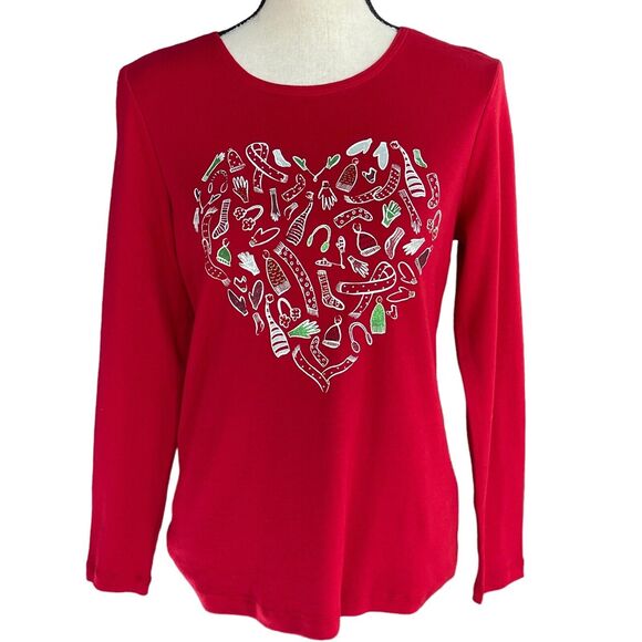 Karen Scott Petite Medium Top Holiday Christmas Heart Long Sleeve Stretch Red - Picture 1 of 8